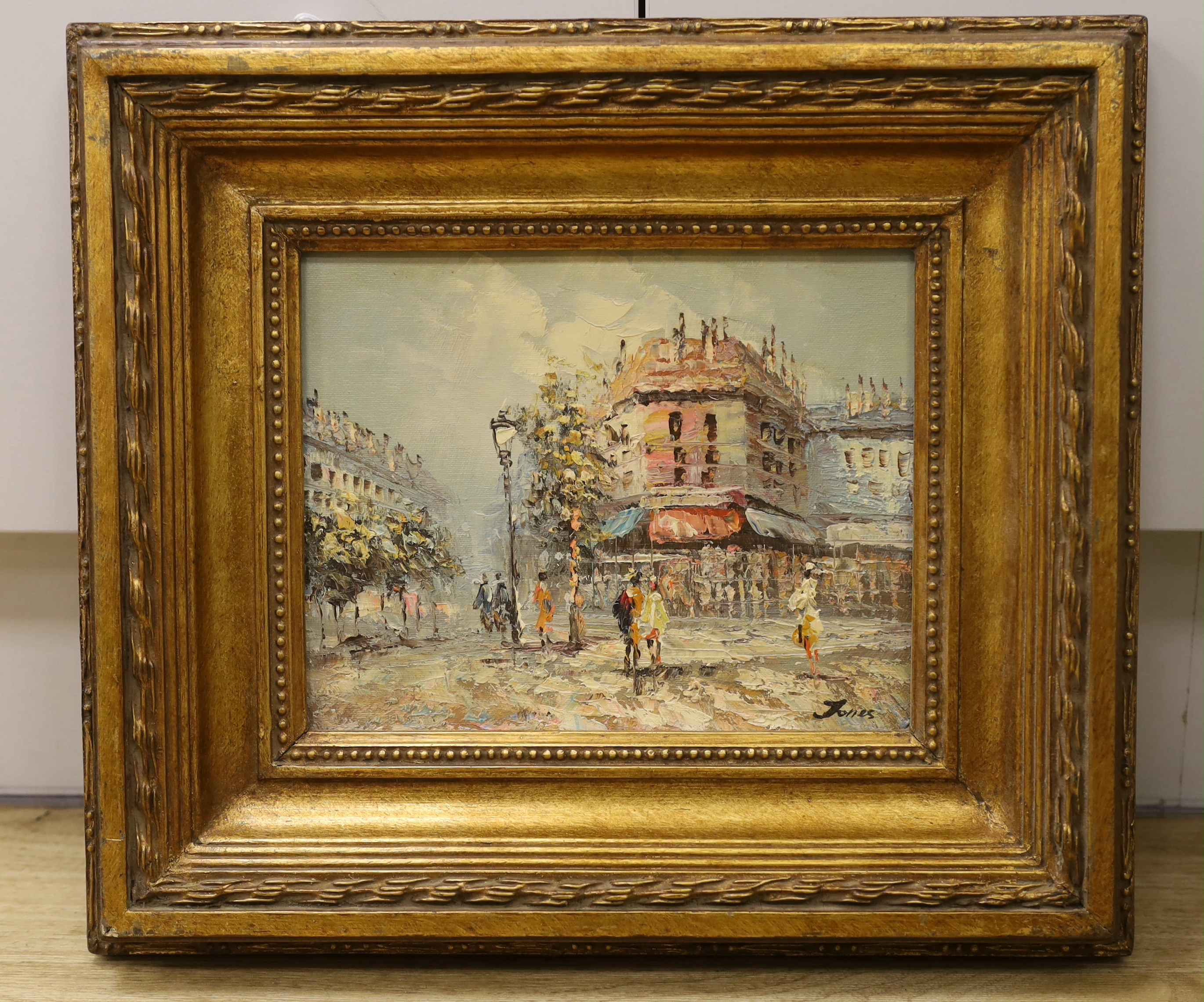 Jones, impasto oil on board, Parisian street scene with figures, signed, 24 x 19cm